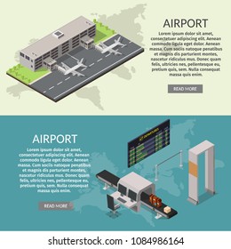 Isometric low poly airport terminal. International arrival departures vector illustration airplane banners.