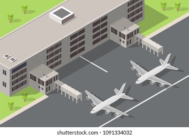 Isometric low poly airport terminal building background. International arrival departures vector illustration airplane.