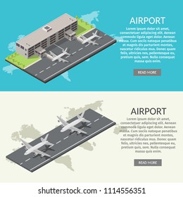 Isometric low poly airport terminal. International arrival departures vector illustration airplane.