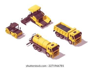 Isometric low poly asphalt paving vehicles set. Vector illustrator