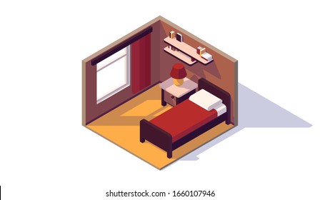 isometric low poly bedroom interior bed window curtain bookshelf nightstand lamp vector illustration