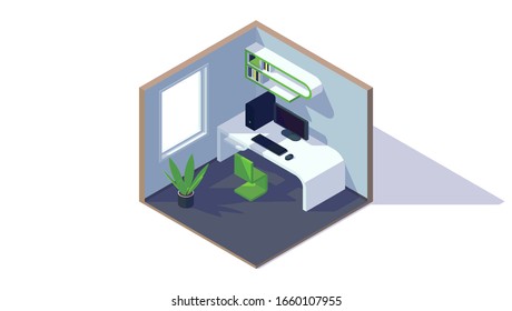 isometric low poly cabinet room interior table computer chair plant window bookshelf vector illustration