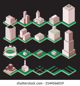 Isometric low poly city buildings, rural buildings and houses, industrial structures and transport, retro strategy game design with CGA color palette.