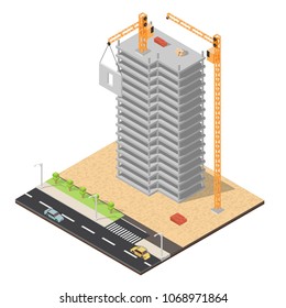 Isometric low poly of construction buildings elements 