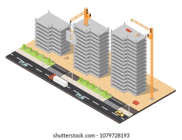 Isometric low poly of construction buildings elements background