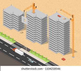 Isometric low poly of construction buildings elements background