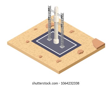 Isometric low poly cosmodrome and research space ship starting