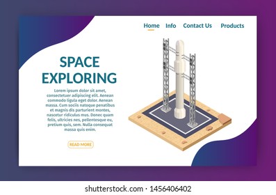 Isometric low poly cosmodrome and research space ship starting banner