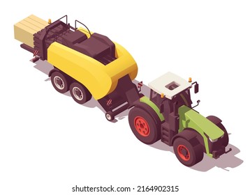 Isometric low poly green tractor with yellow big square baler. Vector