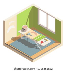 Isometric low poly home room renovation icon - vector illustration. Wallpapering, repair walls. Tools and materials for room repair.