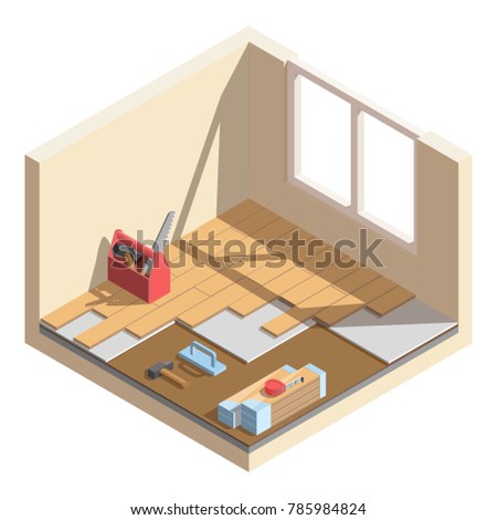 Isometric low poly home room renovation icon - vector illustration. Laying of laminate or parquet board. Tools and materials for room repair.