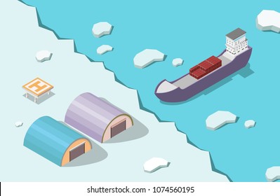 Isometric low poly icebreaker with arctic ocean vector