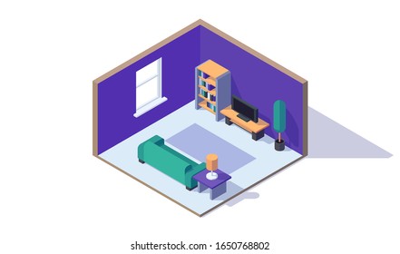 isometric low poly living room interior couch lamp tv window bookcase plant tv coffee table vector illustration