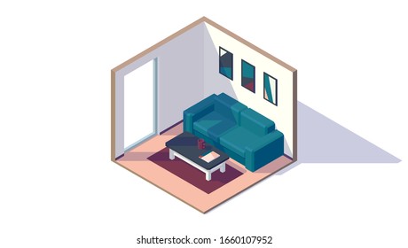 isometric low poly living room interior couch picture window coffee table vector illustration