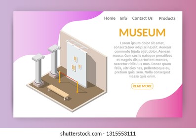 Isometric low poly museum interior vector 3d horizontal banner
