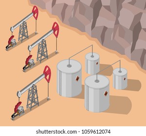 Isometric low poly Oil rig industry of processing petrol and transportation.