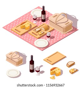 Isometric low poly picnic food set with basket, bottle wine, cheese, bread and cloth. Vector illustration.