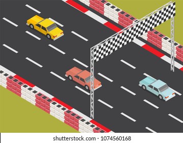 Isometric Low Poly Race Track Road With Car Finish.