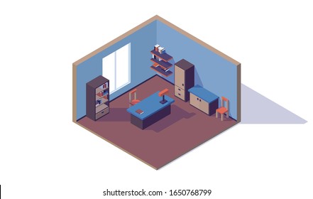 isometric low poly room interior workspace desk lamp bookcase chair shelf locker window vector illustration