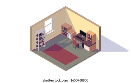 isometric low poly room interior workspace window desk computer rack locker chair vector illustration