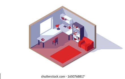 ilustración vectorial de la alfombra en rack de la ventana del escritorio del escritorio de la mesa de baja polilla isométrica de la sala interior del espacio de trabajo
