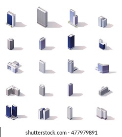 Isometric low poly skyscrapers, offices and stores buildings set