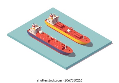 Isometric low poly tankers set. Chemical tanker and lpg tanker. Vector illustrator. Collection