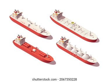 Isometric low poly tankers set. Lng tanker, lpg tanker, oil crude tanker, chemical tanker. Vector illustrator. Collection