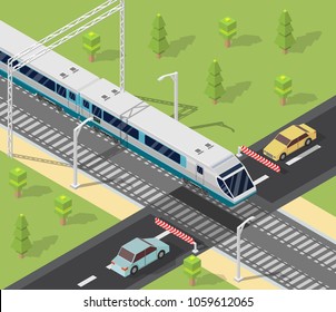 Isometric low poly train railroad and cars vector illustration background