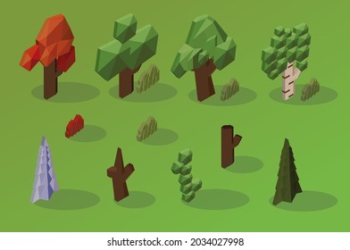 
Isometric Low Poly Trees and Bushes Collection.
A collection of various isometric low-polygon trees and bushes in different shapes and colors, presented on a gradient green background