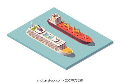 Se instalaron vasos isométricos bajos de poli. Trasero y bulker de crucero. Ilustración vectorial. Colección
