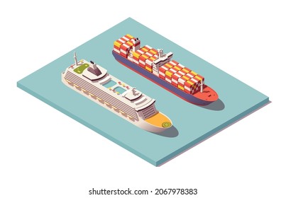 Isometric low poly vessels set. Cruise liner and bulker. Vector illustration. Collection