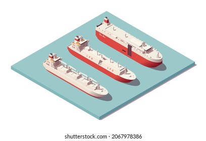 Isometric Low Poly Vessels Set. Reefer Ship And Lpg Tanker And Ro-ro. Vector Illustration. Collection