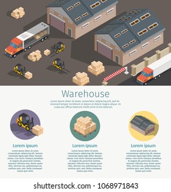 Isometric low poly warehouse exterior  with delivery illustration logistic concept export truck infographics