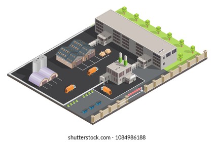 Isometric low poly waste processing plant template isolated