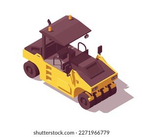 Rodillo neumático isométrico de asfalto amarillo y bajo poli. Ilustrador de vectores