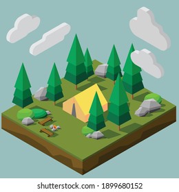 Isometric low polygon style of a camping site in a forest. Vector illustration EPS10.