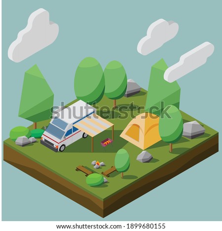 Isometric low polygon style of a camping site with a camper van in a forest. Vector illustration EPS10.