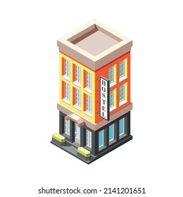 Isometric Low Rise Hostel Building Exterior On White Background 3d Vector Illustration