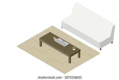 Isometric, low table laptop and coffee
