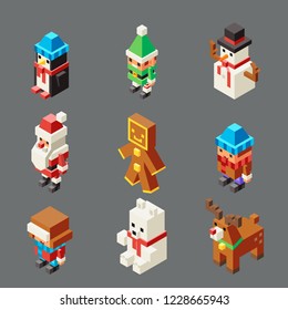 Isometric lowpoly christmas characters new year winter polygonal 3d isolated icons set flat cartoon design vector illustration