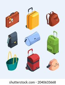 Isometric luggage. 3d pictures of suitcases luggage for travellers bags for adventure trip garish vector illustrations