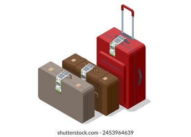 Isometric Luggage paper tags with barcode. Baggage information and identification tape mockup. Travel transportation bar code. Airport luggage barcode sticker.