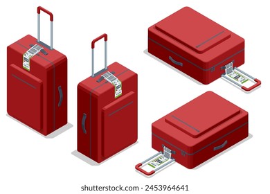 Isometric Luggage paper tags with barcode. Baggage information and identification tape mockup. Travel transportation bar code. Airport luggage barcode sticker.