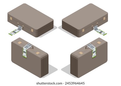 Isometric Luggage paper tags with barcode. Baggage information and identification tape mockup. Travel transportation bar code. Airport luggage barcode sticker.