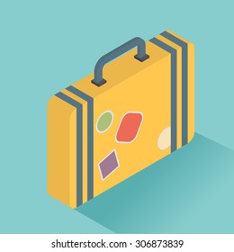 Isometric luggage symbol. Vector illustration of flat color icon with long shadow.
