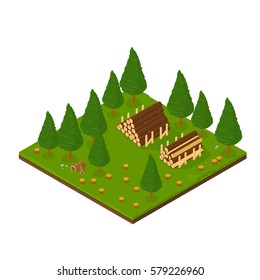 Isometric Lumber Industry Icon
Vector illustration of a lumberyard with wood piles.
