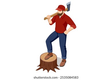 Isometric lumberjack male character holding an axe and wood log. Wood, lumberjack and man with axe.