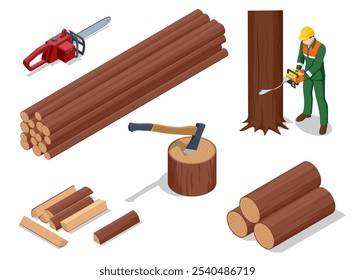 Isometric lumberjack male character holding an axe and wood log. Woodcutter saws tree with chainsaw on sawmill. Firewood processing