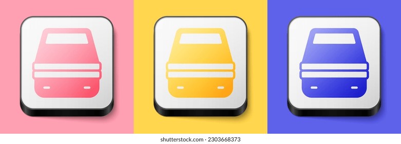 Isometric Lunch box icon isolated on pink, yellow and blue background. Square button. Vector